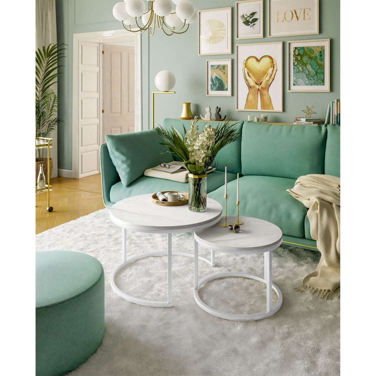 Okrągły stolik kawowy CIRI 2w1 biały marmur levanto 50/70 cm