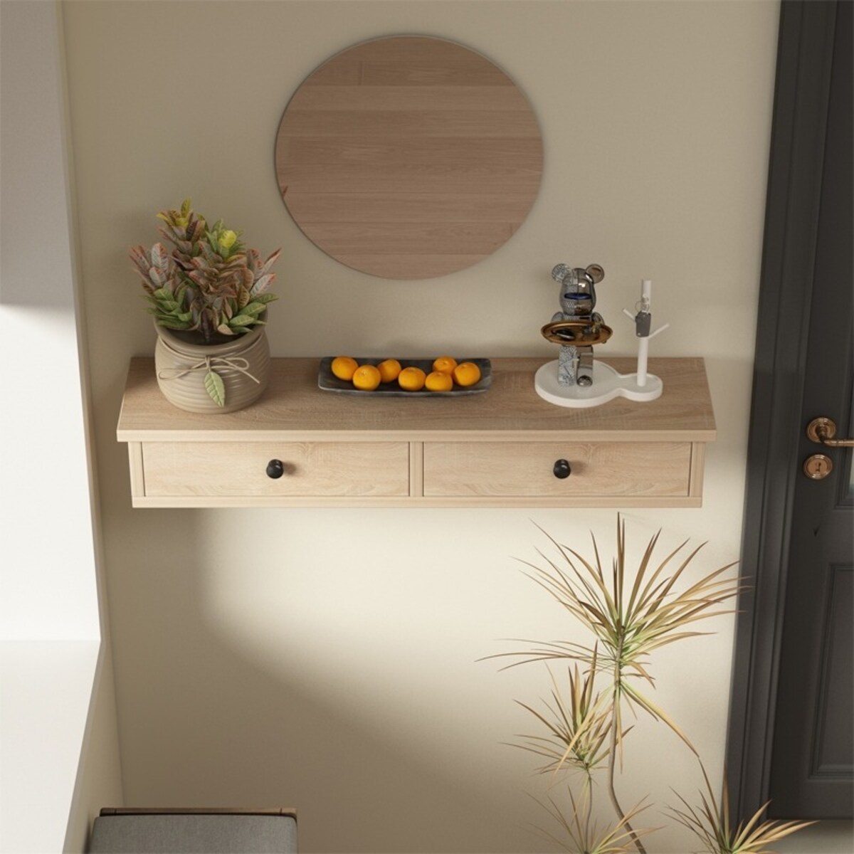 Półka wisząca z szufladami brązowa nowoczesna loft sypialnia ścienna 64 cm