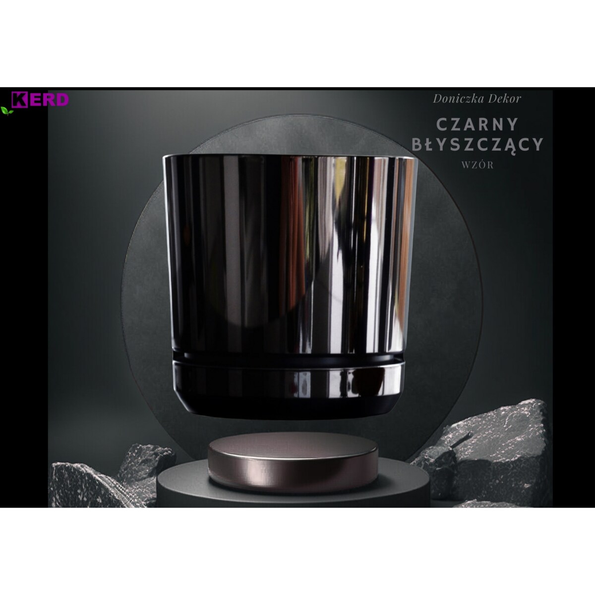 14 cm wzór CZARNY BŁYSZCZĄCY Doniczka z podstawką nowoczesna glamour efekt lustra black wysoki połysk metaliczna elegancka