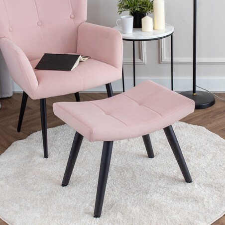 Fotel uszak z podnóżkiem do salonu wypoczynkowy welurowy tapicerowany różowy