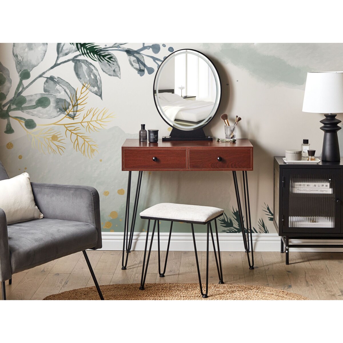 Toaletka 2 szuflady lustro LED ze stołkiem ciemne drewno z czarnym LOIX