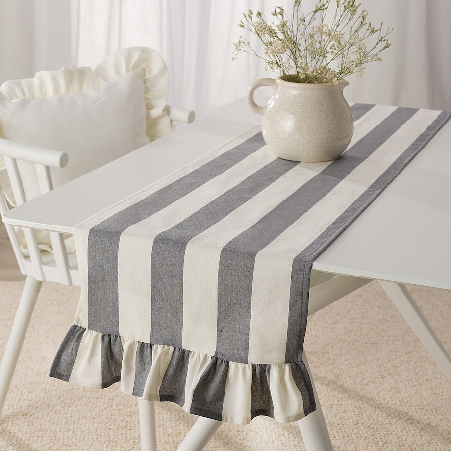 Bieżnik z falbaną 40x160 cm 40x160 biało-szare pionowe pasy (5,5cm)