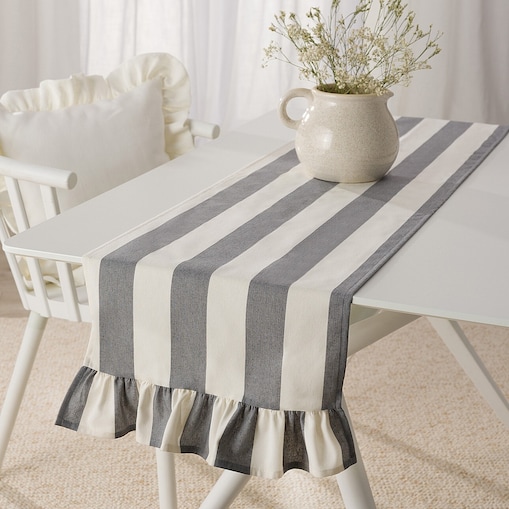 Bieżnik z falbaną 40x160 cm 40x160 biało-szare pionowe pasy (5,5cm)