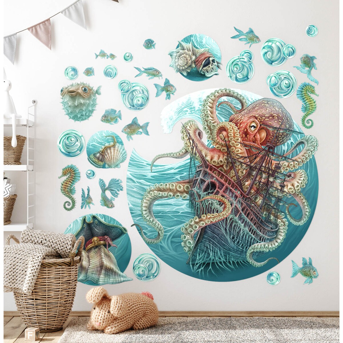 Zestaw naklejek na ścianę, Świat ośmiornicy, 130cm