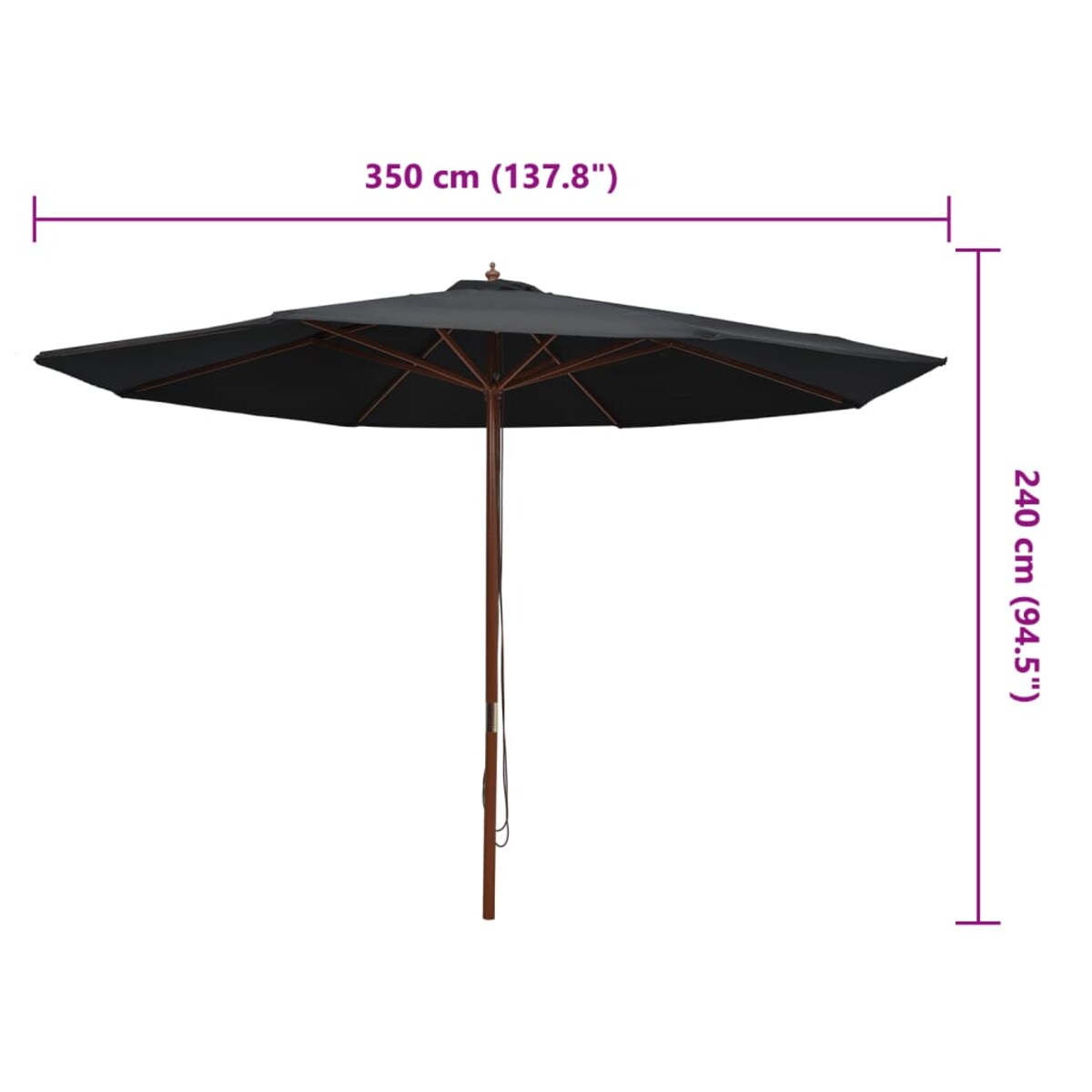 vidaXL Parasol ogrodowy na drewnianym słupku, 350 cm, czarny