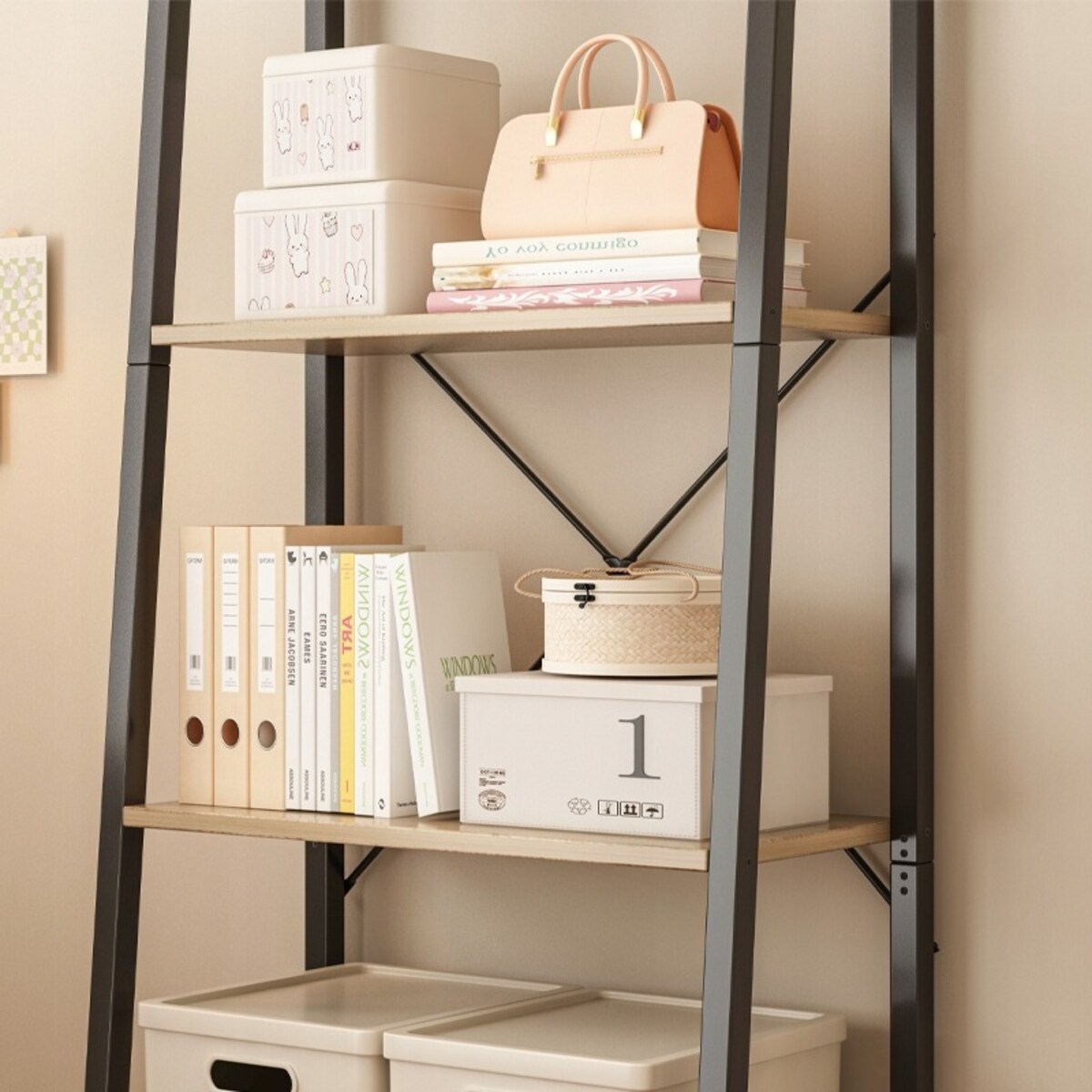 Regał na książki stojący rustykalny drabinka loft retro jasny brąz 4 półki