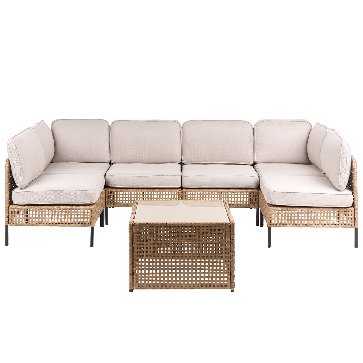 Sofa ogrodowa w kształcie U dla 6 osób OMEGANA Jasnobeżowy Technorattan Modułowy