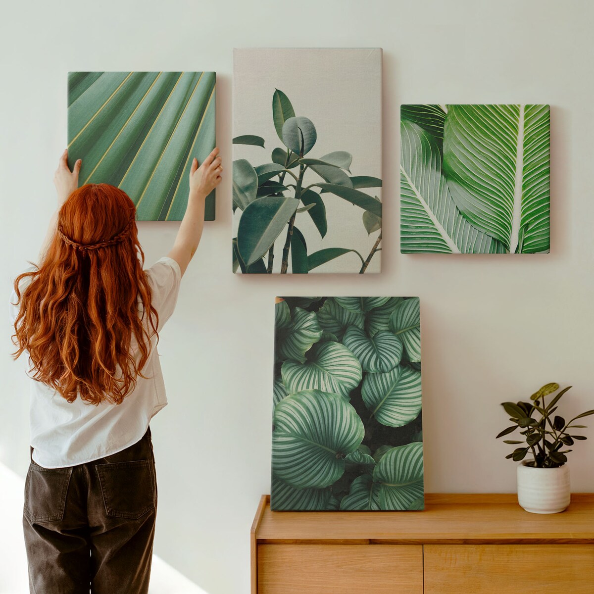 Zestaw 4 obrazów na płótnie - Liście tropikalne w zieleni - zielony