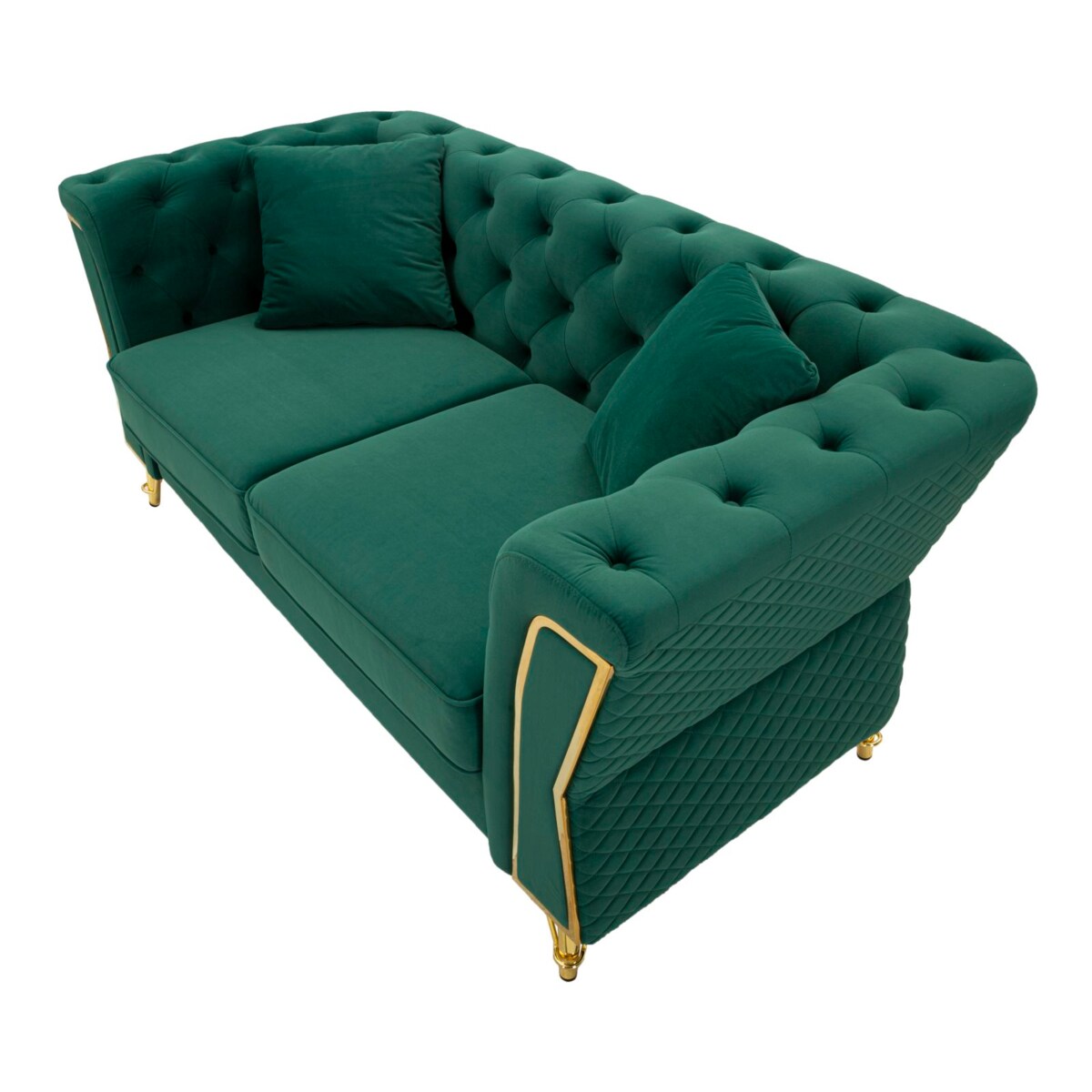 Sofa Emy, kolor zielony i złoty, poliester, drewno eukaliptusowe, drewno sosnowe, sklejka i metal, 162 x 83 x 76 cm, do salonu, Mauro Ferretti