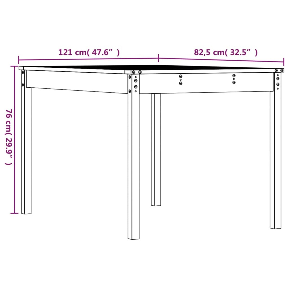 vidaXL Stolik ogrodowy, 121x82,5x76 cm, lite drewno sosnowe