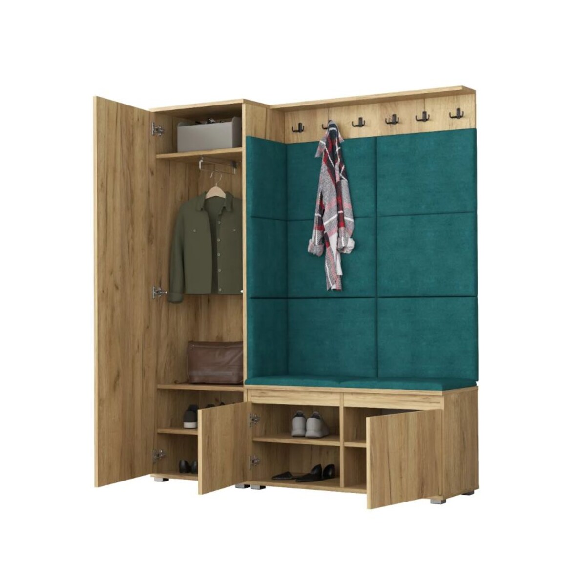 Garderoba z siedziskiem do przedpokoju SINGAPUR 154 dąb craft/zielona