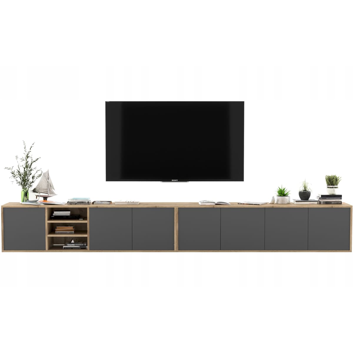 Wisząca szafka RTV Loft Industrialna Dąb Wotan Grafit MAT 300 cm