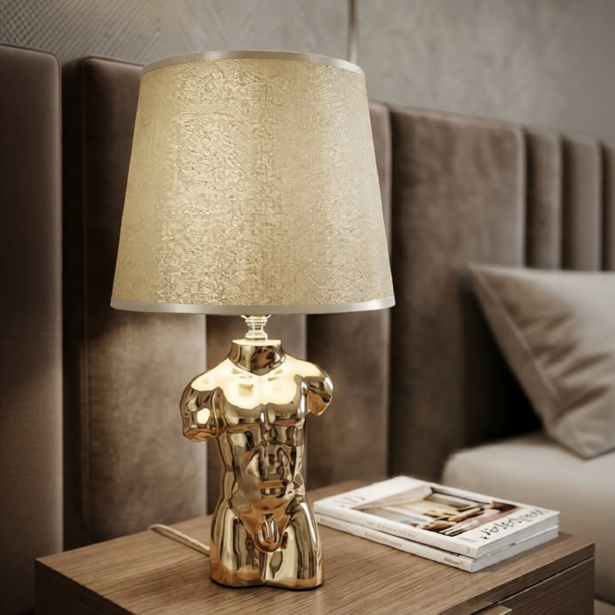 Lampa stołowa Glam Man, kolor złoty, ceramika, żelazo i tkanina, 25 x 25 x 42,5 cm, 1 x E27, max. 40 W, do salonu i sypialni, Mauro Ferretti