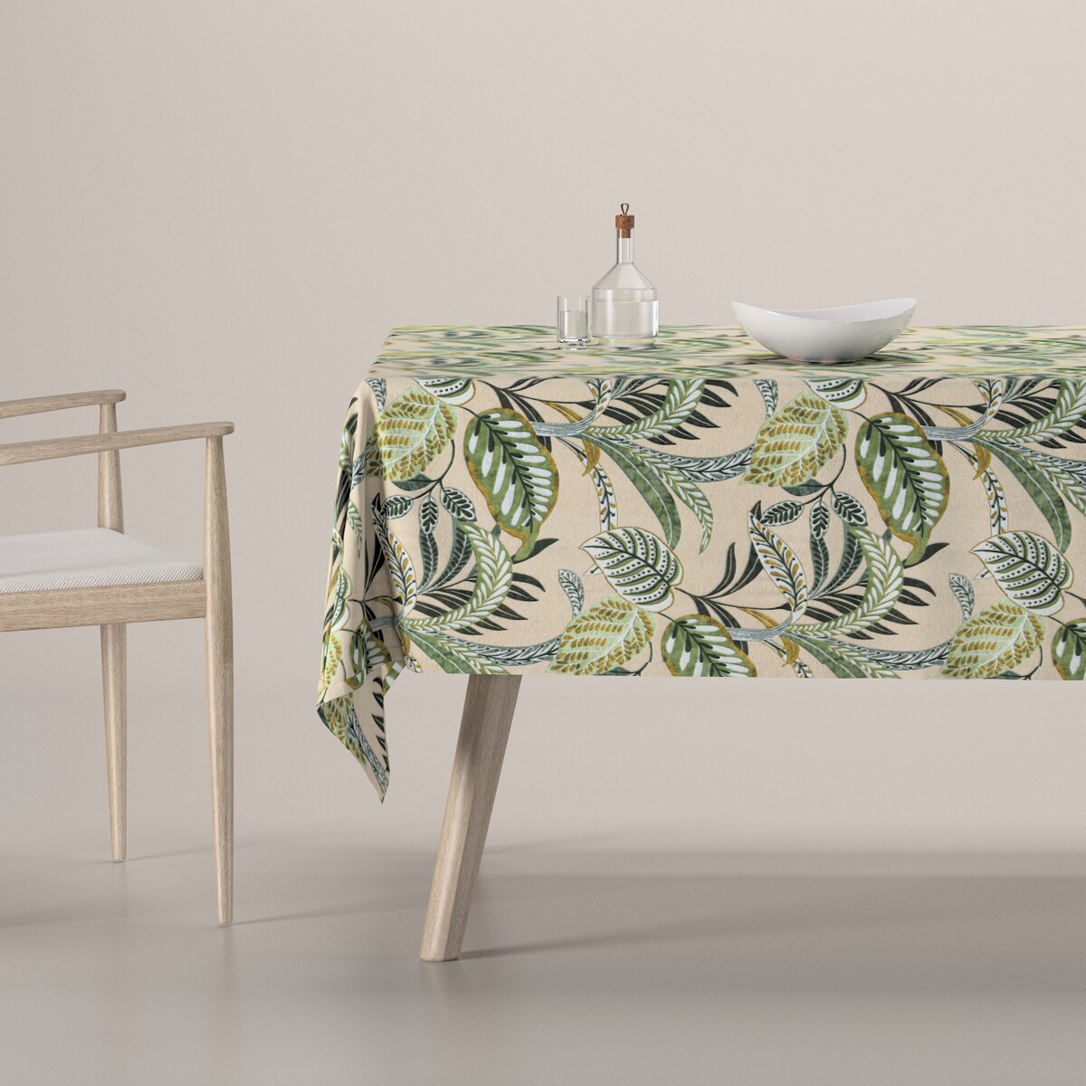 Obrus prostokątny 130 x 210 cm oliwkowo-zielone liście na lnianym tle