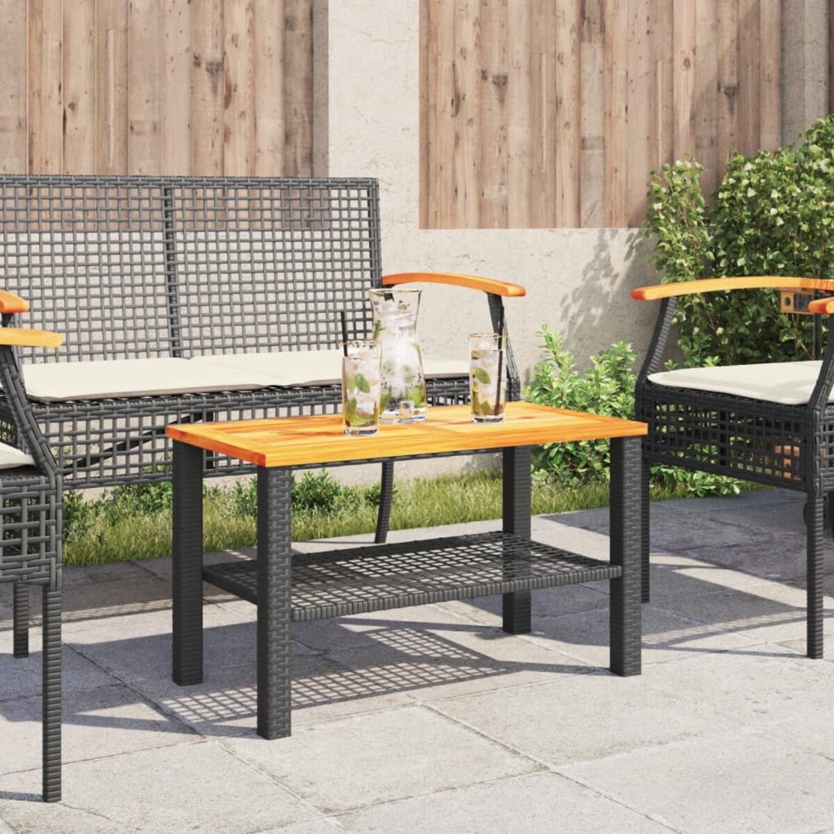 vidaXL Stolik ogrodowy, czarny, 70x38x42 cm, polirattan i akacja