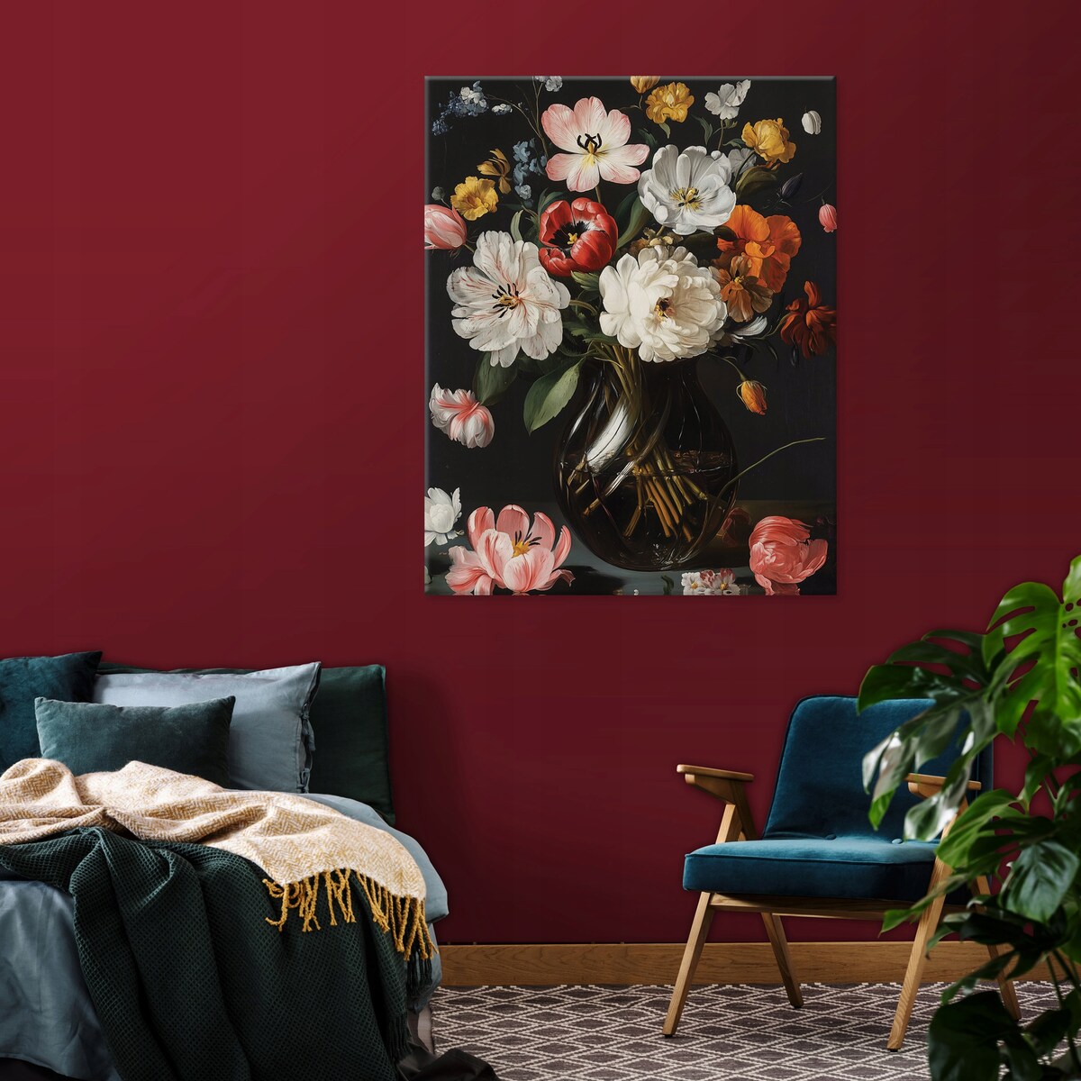 OBRAZ DO SALONU SYPIALNI KWIATY CZARNY NOWOCZESNY NA PŁÓTNIE ŚCIANĘ 100x70