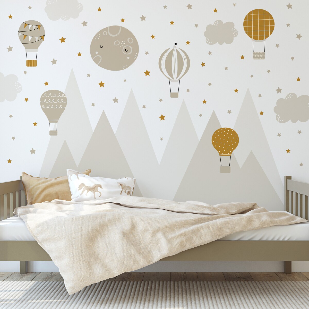 NAKLEJKI NA ŚCIANĘ DLA DZIECI BEŻOWE GÓRY GWIAZDY BALONY CHMURKI ZESTAW