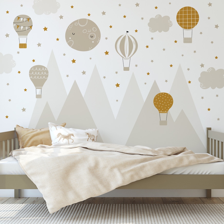 NAKLEJKI NA ŚCIANĘ DLA DZIECI BEŻOWE GÓRY GWIAZDY BALONY CHMURKI ZESTAW