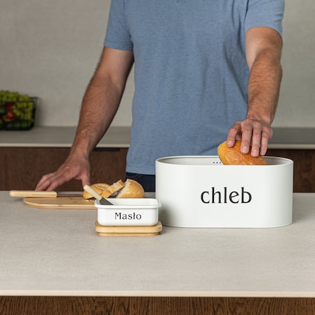 Zestaw chlebak z maselniczką i nożem deska do krojenia biały