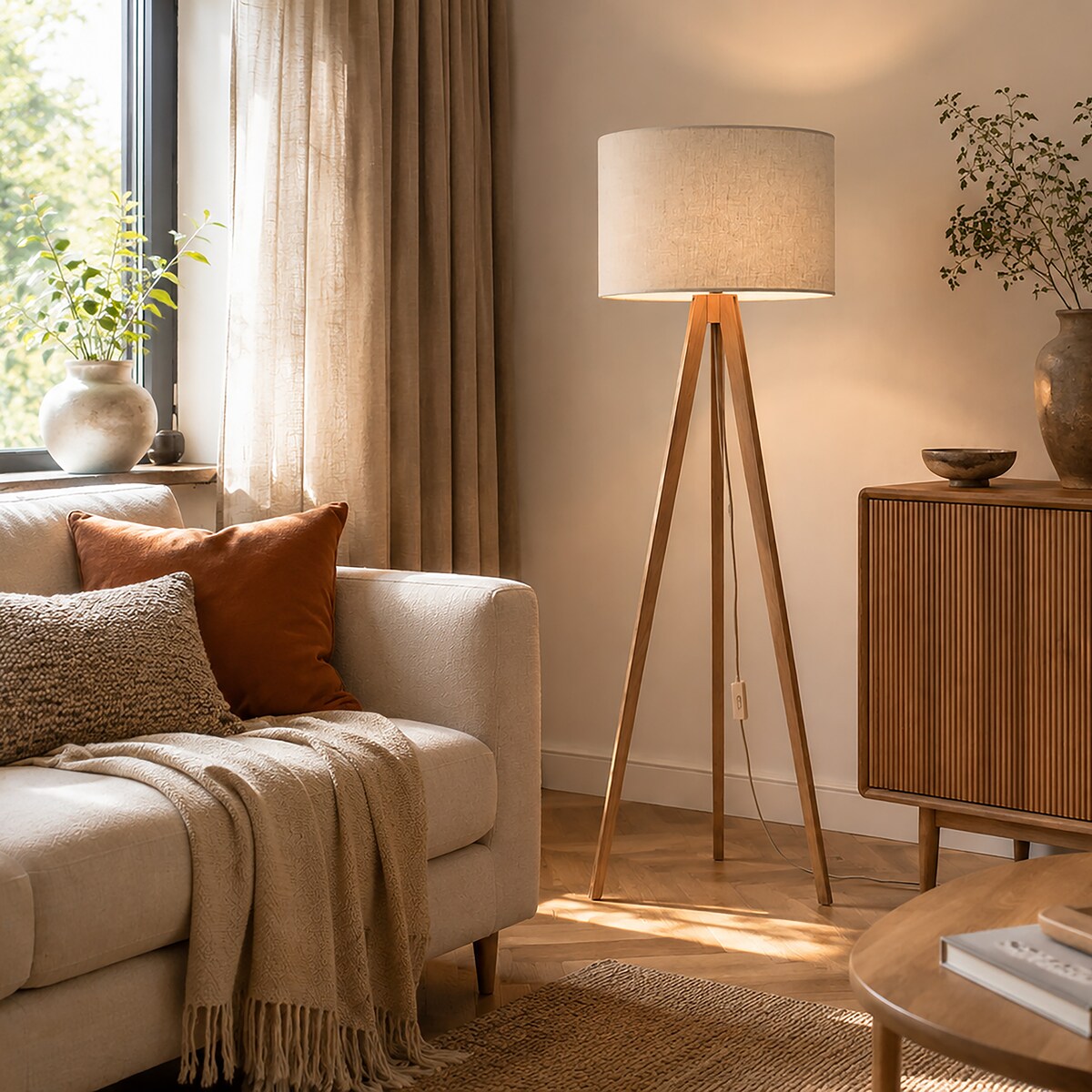 Lampa Podłogowa Drewniana Viga Shade Sosna Trójnóg Lniany Abażur