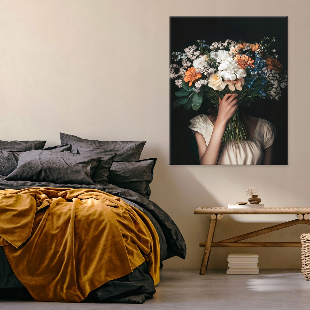 OBRAZ KOBIETA KWIATY VINTAGE DO SYPIALNI SALONU KUCHNI NA PŁÓTNIE 100x70