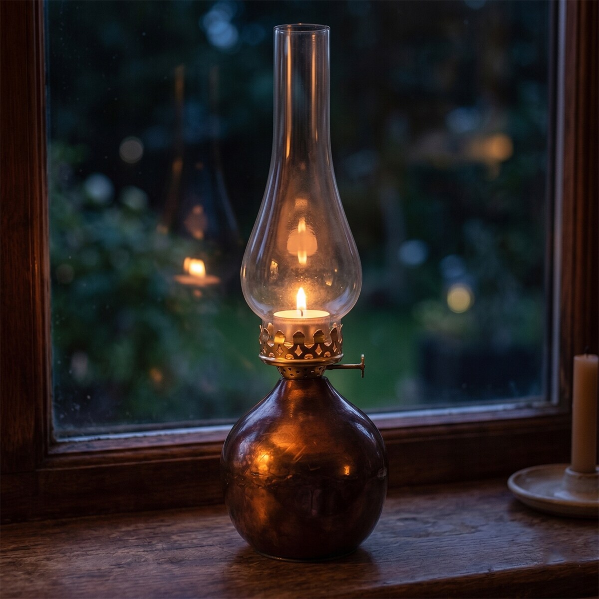 ŚWIECZNIK TEALIGHT LAMPA NAFTOWA SZKLANY 35cm LAMPION IMITACJA LOFT BRĄZOWY