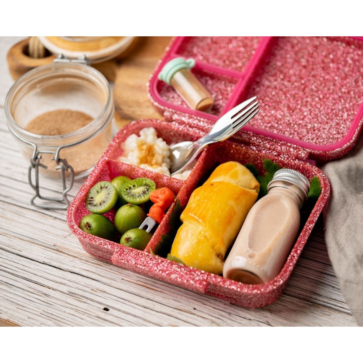 LEKKABOX GLAMOUR mały brokatowy lunchbox z przegródkami, Pink