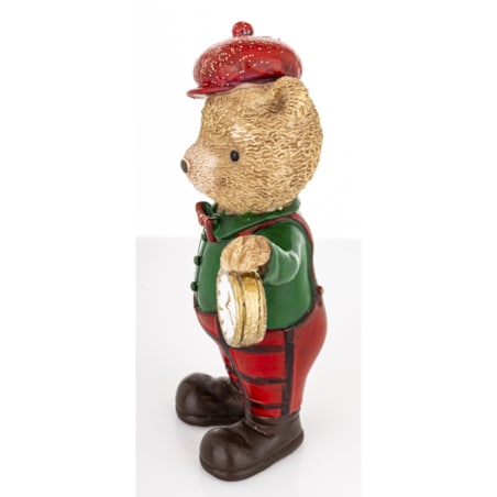 Figurka - Miś brązowy pracownik z zegarkiem w zielonej koszuli 12,5x7x5 cm