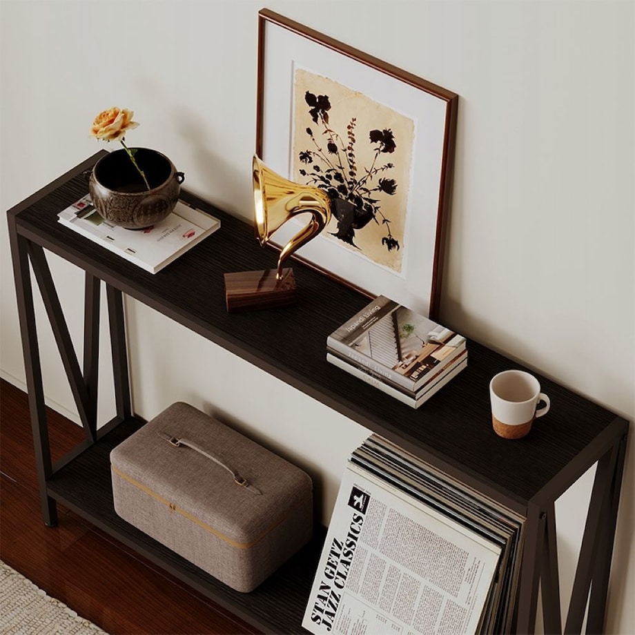 Stół ciemny brąz konsola przedpokój stolik boczny z półką pojemny wysoki 76