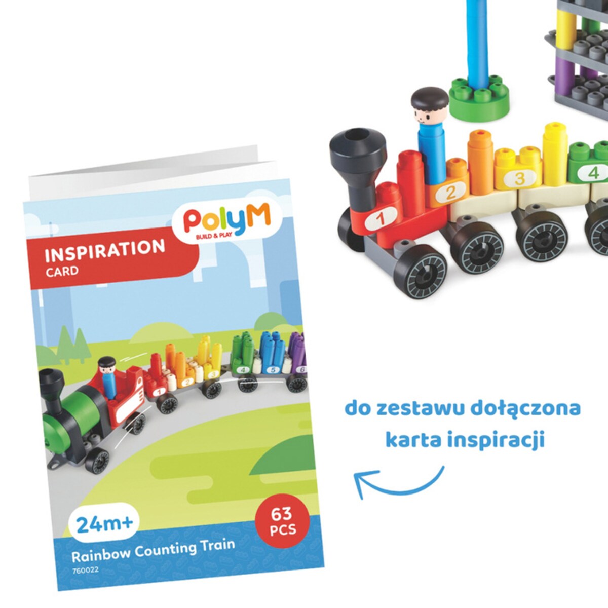 Miękkie Klocki Konstrukcyjne Tęczowy Pociąg do Liczenia 63 el. 2+ PolyM