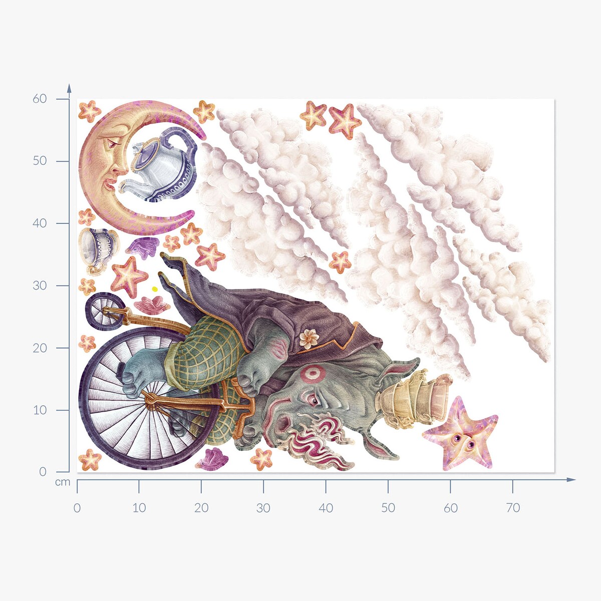 Zestaw naklejek na ścianę, Pastelowe zwierzęta z bajki - nosorożec, 60cm