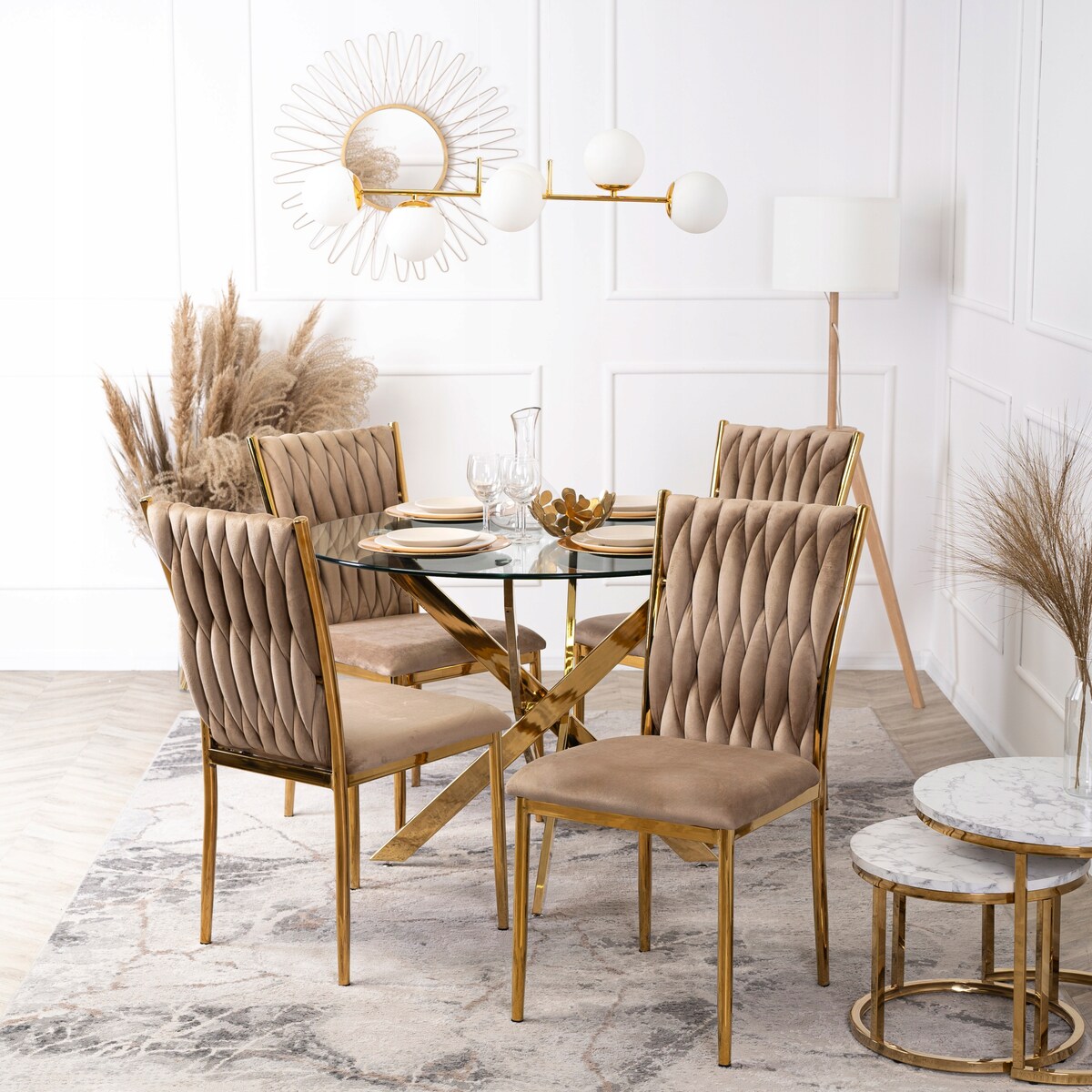 Krzesło Tapicerowane Plecione Glamour DAN Beżowe Do Jadalni Salonu Toaletki