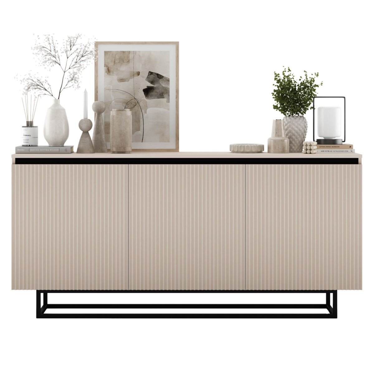 Komoda Glamour Szafka RTV Kaszmir MAT ryflowane fronty czarny stelaż 166,8 cm
