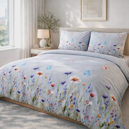 Pościel flanelowa 140x200 Florina Mist szara z kolorowymi kwiatami, Flanelove