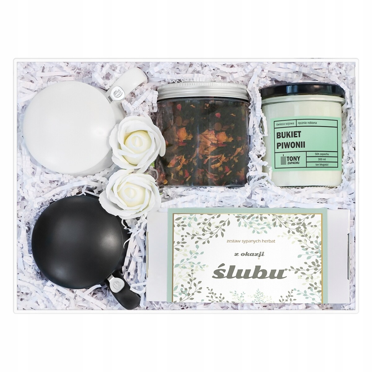 Duży Box Ślubny z herbatą i akcesoriami dla młodej pary prezent upominek