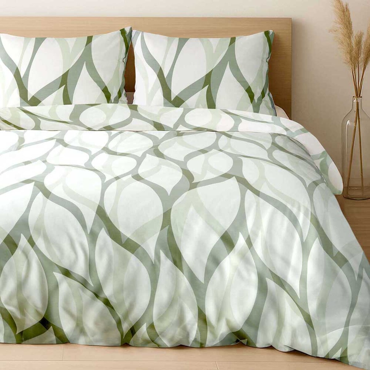 Pościel satyna bawełniana 200x220 Exclusive Grace zielona w dekoracyjne liście