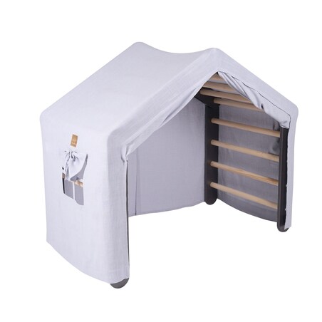 Duży Domek z Drabinką dla Dzieci 112x61x94cm, Drewno, Len, Wiskoza, Szaroniebieski Domek, Szara Drabinka