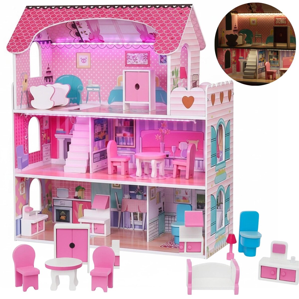 Domek dla lalek WOOPY LED drewniany XL – 3-poziomowy domek z 8 mebelkami i balkonem