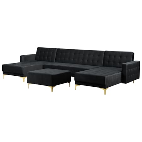 Narożnik rozkładany 5-osobowy z otomaną welurowy czarny ABERDEEN