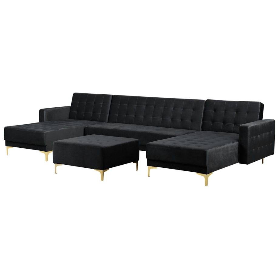 Narożnik rozkładany 5-osobowy z otomaną welurowy czarny ABERDEEN