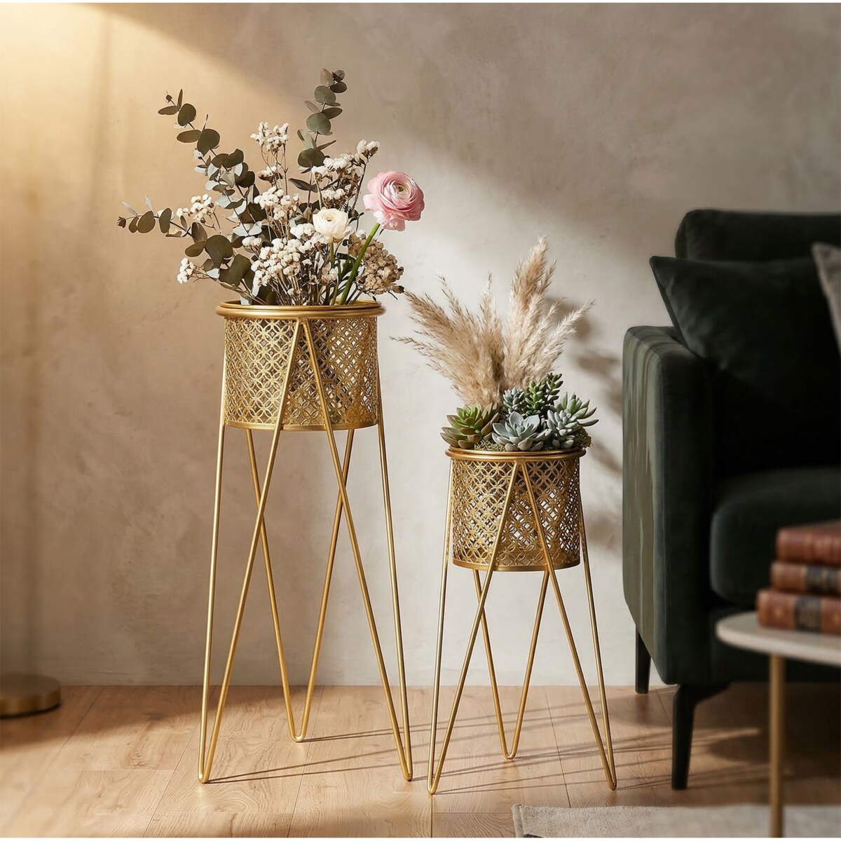 Kwietnik metalowy NAT, zestaw 2 szt., złoty, 21x20x46 i 18x18x32 cm