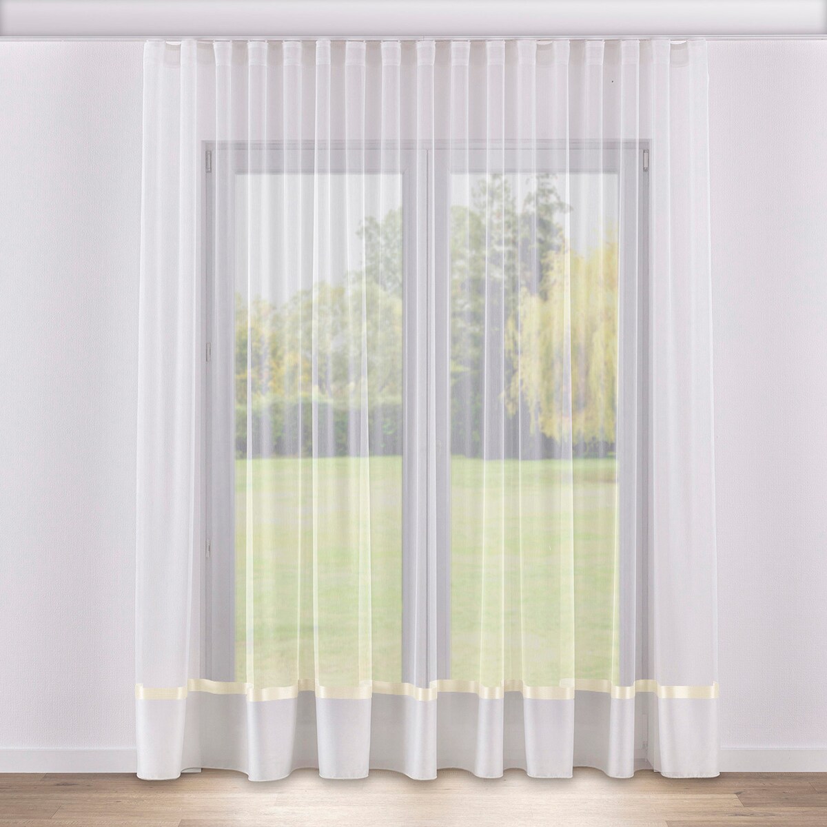 Firana na taśmie wave 300x245 ecru z satynowym złotym pasem na dole