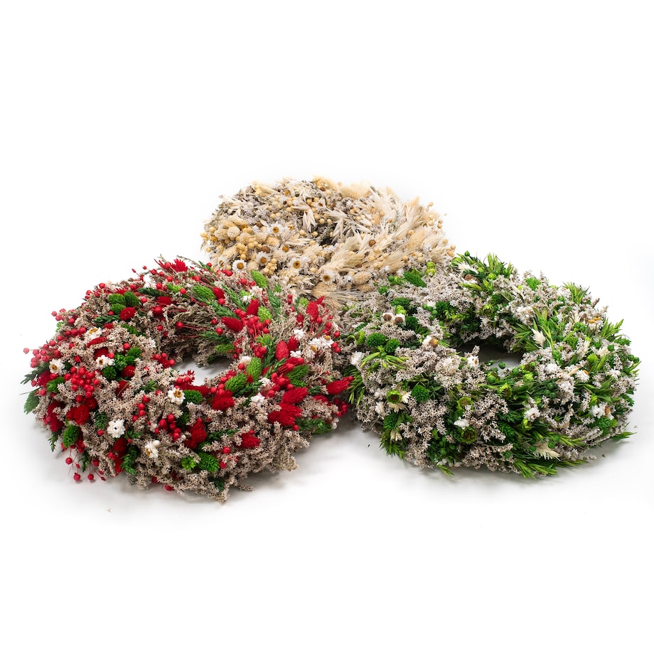 Wianek z suszonych kwiatów 30 cm - biel & zieleń