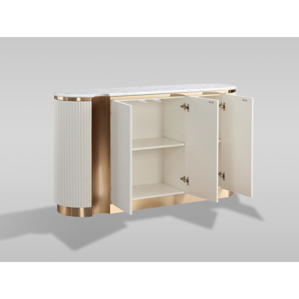 Ryflowana komoda biała złota Nutris Glamour Premium z blatem marmurowym 158x40x88