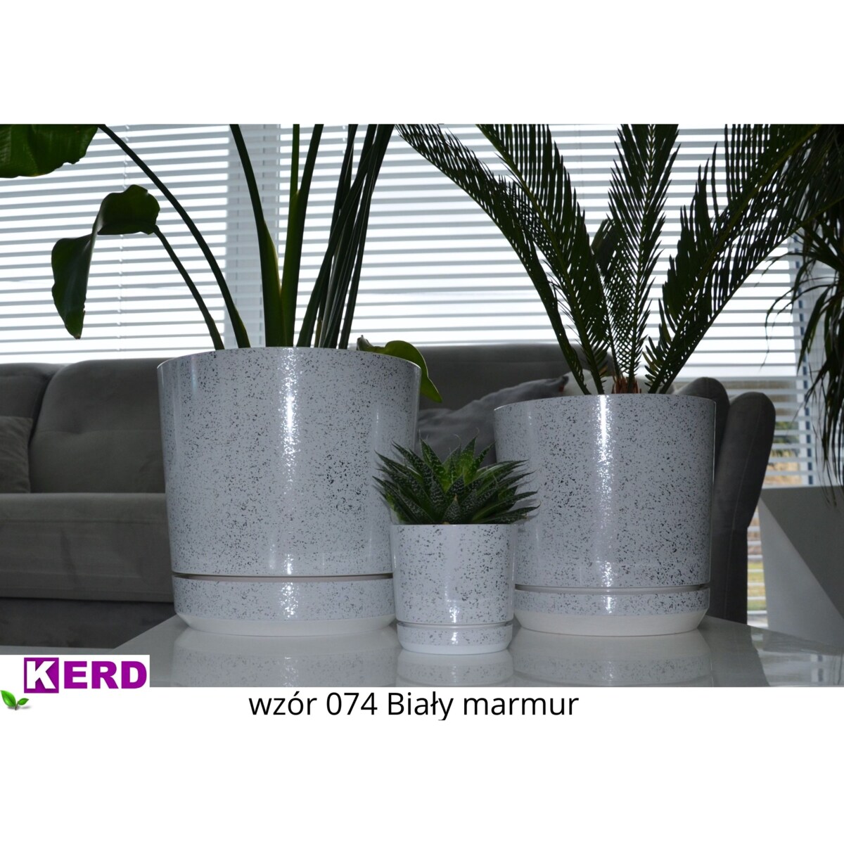 32 cm wzór BIAŁY MARMUR Doniczka z podstawką piękne lustrzane drobinki srebrne elementy elegancka duża donica