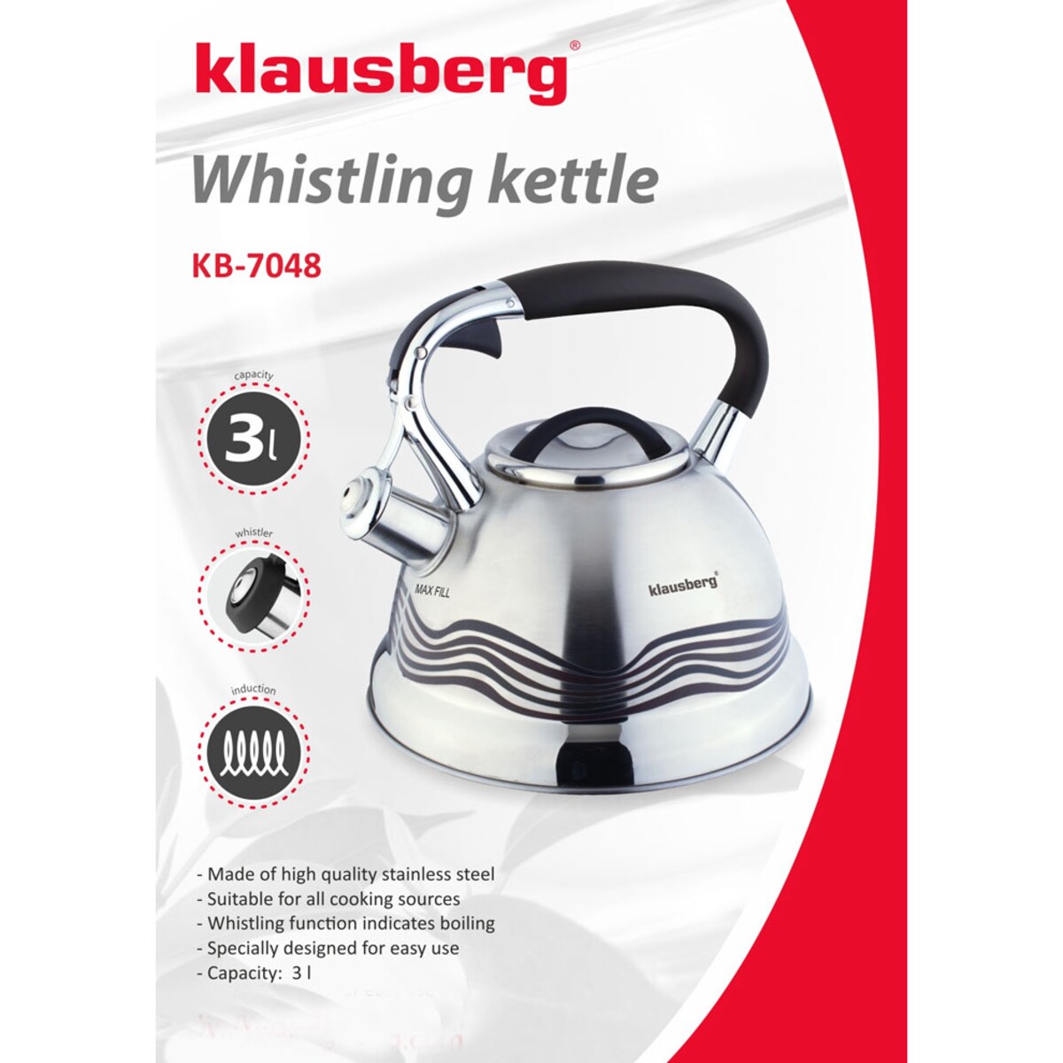 Czajnik stalowy z gwizdkiem Inox 3.0L zmieniający kolor indukcja KLAUSBERG