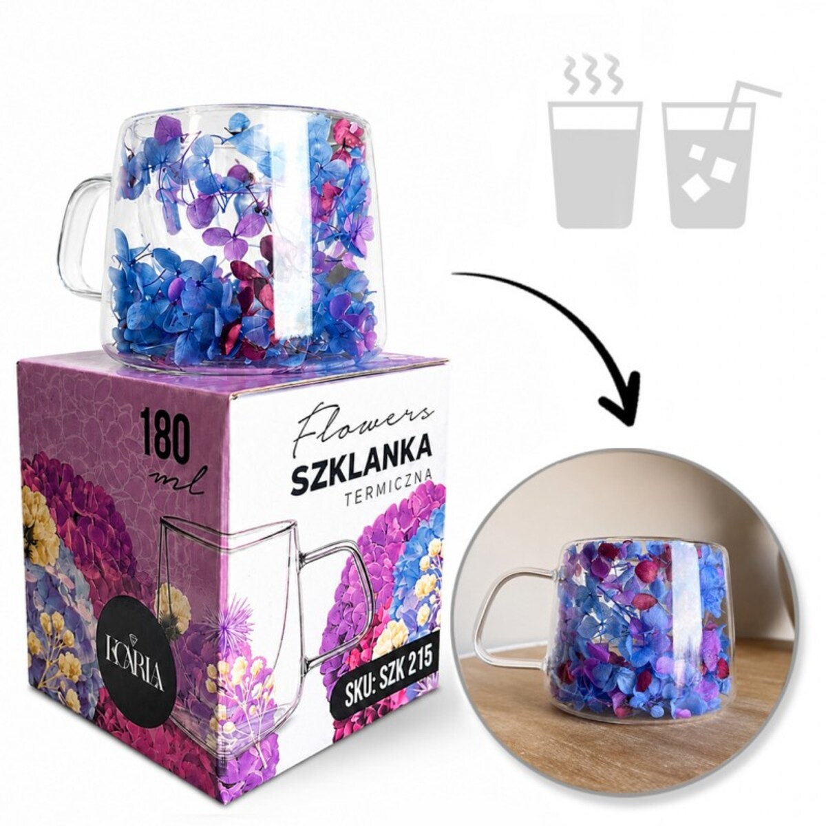 Szklanka termiczna z kwiatami w środku, pełna hortensji, niebieski bordo 180 ml 1szt SZK215