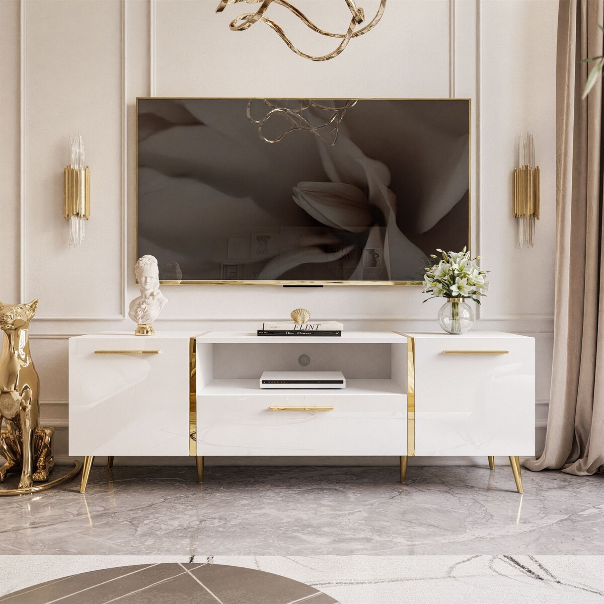 Szafka RTV ONYX na złotych nóżkach wysoki połysk 158 cm, biały połysk, złote uchwyty