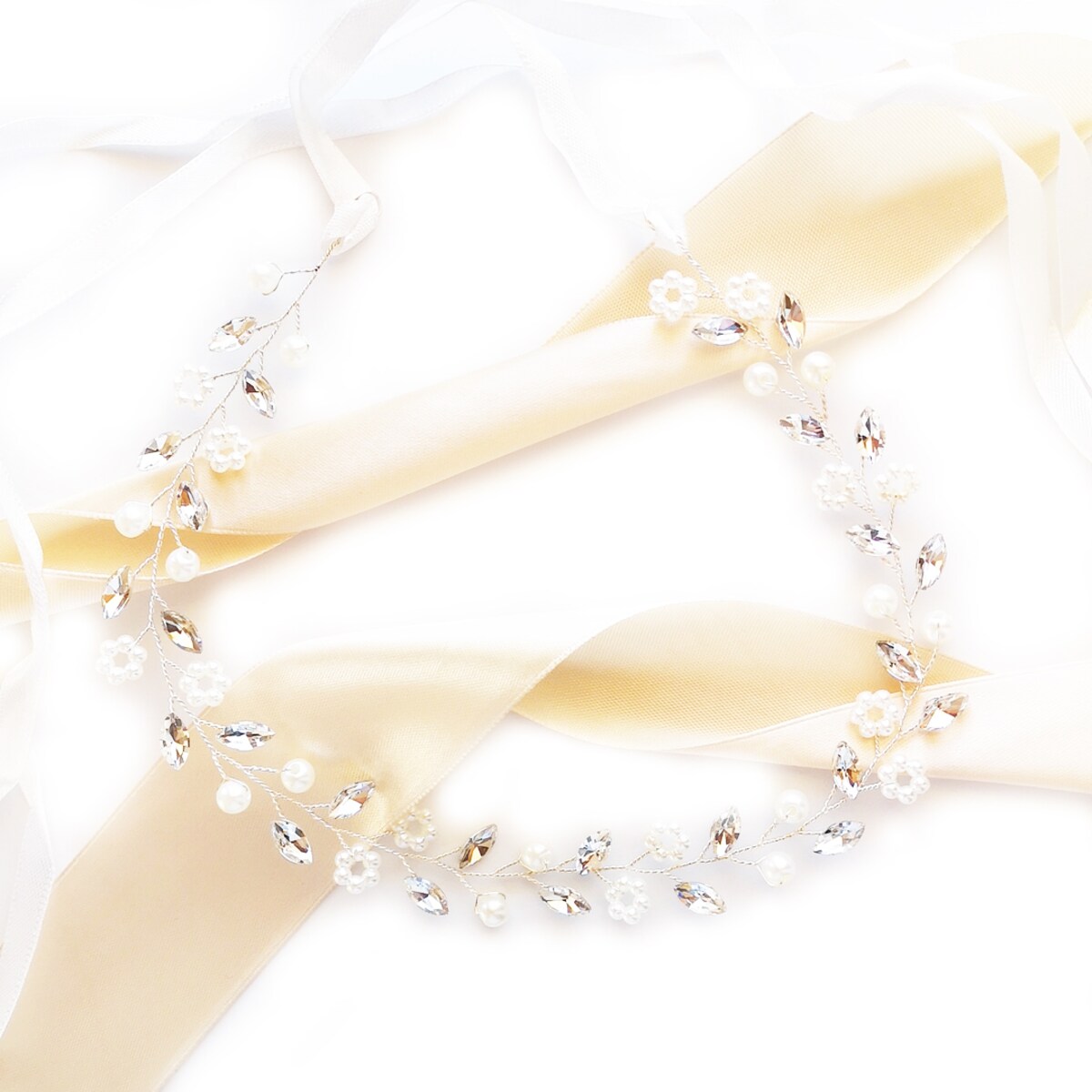 Srebrna opaska ślubna perły cyrkonie piękna ozdoba do włosów BOHO