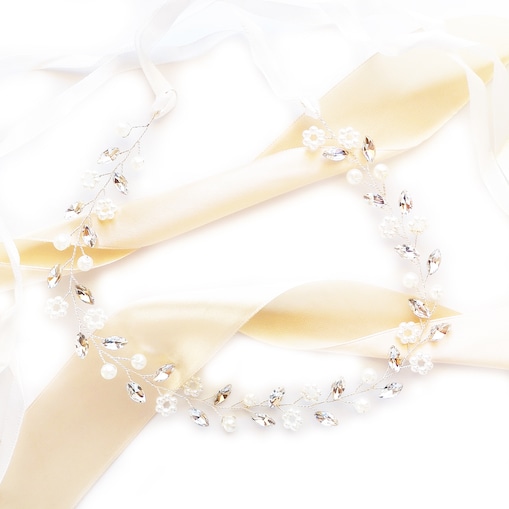 Srebrna opaska ślubna perły cyrkonie piękna ozdoba do włosów BOHO